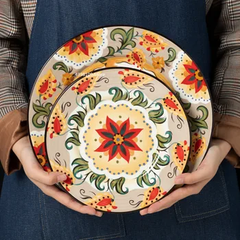 Европейская керамическая посуда Обеденная тарелка Миска Бытовая тарелка для стейка Креативная ручная роспись Круглое Квадратное блюдо Посуда для микроволновой печи