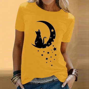 Женская весенне-летняя футболка с принтом кошек с коротким рукавом и круглым вырезом, футболка с коротким рукавом для женщин