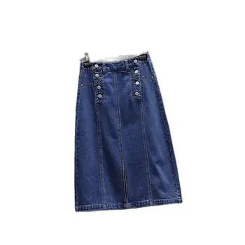Женская джинсовая юбка с высокой талией, подол с накладным карманом спереди, двубортная