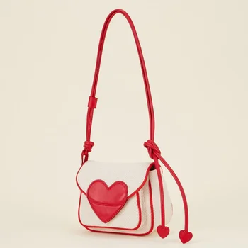 Женская квадратная сумка Red Love Heart через плечо Портативные холщовые женские маленькие сумки-мессенджеры контрастного цвета Женские сумки-портмоне