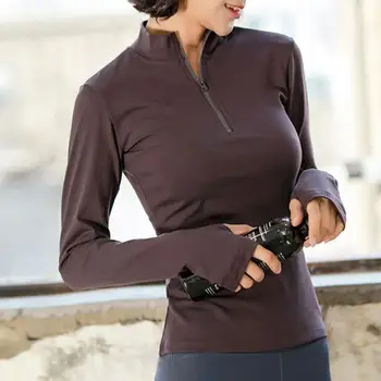 Женская однотонная футболка с длинным рукавом на молнии, Быстросохнущая блузка для фитнеса, рубашки для бега, спортивный топ, топ для йоги, спортивная одежда