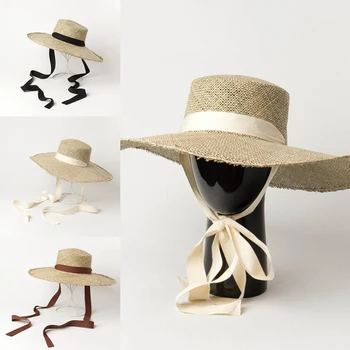 Женская соломенная шляпа от солнца для активного отдыха с длинной лентой и широкими полями, солнцезащитная кепка с защитой от ультрафиолета для летнего пляжа на берегу моря