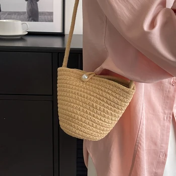 Женская сумка-ведро из хлопчатобумажной веревки, тканая сумочка ручной работы, летняя пляжная сумка на шнурке, сумка через плечо, кошелек, милая сумка-тоут