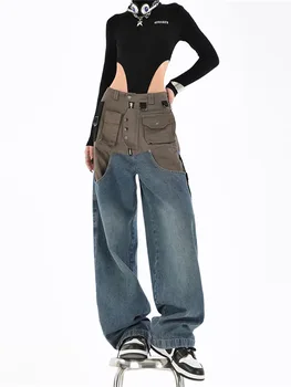 Женские джинсы в стиле пэчворк с несколькими карманами, свободные джинсовые брюки с высокой талией, брюки-карго в стиле нищего, уличная повседневная одежда