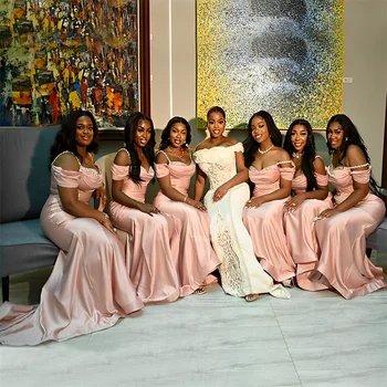 Женские платья подружек невесты с открытыми плечами на тонких бретельках, Розовое шампанское, Длинное официальное свадебное платье