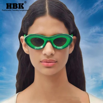 Женские солнцезащитные очки HBK Vintage Cat Eye, вогнутый овал, мужские солнцезащитные очки, модные роскошные очки в ретро-стиле, очки ярких цветов UV400
