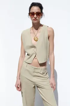 Женский модный укороченный льняной жилет, винтажная женская верхняя одежда на пуговицах с V-образным вырезом, шикарные топы-жилеты