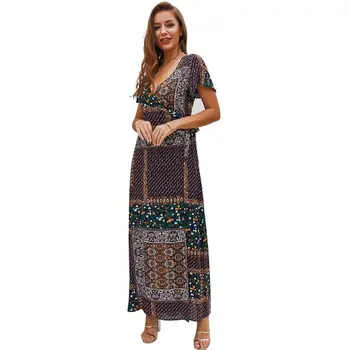 Женское Винтажное длинное платье макси с цветочным принтом и V-образным вырезом в богемном стиле бохо с разрезом, платье-качели U4LF