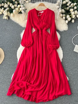 Женское красное платье Ong с V-образным вырезом и рукавами-пузырями, винтажные платья 2023, Новые женские Элегантные богемные плиссированные длинные платья Vestidos