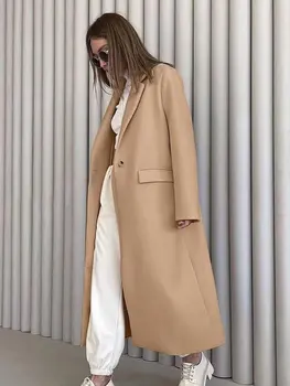 Женское Свободное пальто на одной пуговице, Зима-осень, повседневное шерстяное пальто с лацканами, 2022, Новые модные женские пальто с длинным рукавом