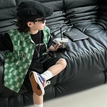 Жилет для мальчиков 2023 Весна Лето Зеленый клетчатый жилет без рукавов с вырезанными плечами в корейском модном стиле