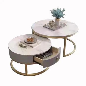 Журнальный столик в минималистичном стиле для гостиной, двойная круглая каменная доска, Маленький современный железный чайный столик семейного типа