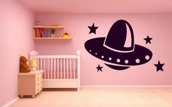 Забавные наклейки на стены детской для детской комнаты Виниловые наклейки Space Galaxy Наклейки на стены UFO Kids Art Водонепроницаемые Съемные B028