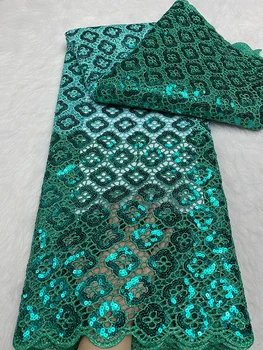 Зеленая кружевная ткань с африканскими пайетками 2023 года, высококачественная французская тюлевая сетка, кружевная ткань из нигерийского шнура для пошива свадебного платья