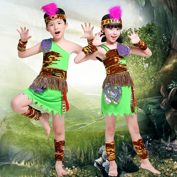 Зеленые костюмы для косплея Halloween Kid Savage, леопардовые костюмы индейцев-примитивистов, реквизит для выступлений, Одежда Охотников