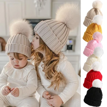 Зимняя теплая детская вязаная шапка с большим помпоном, Милый комочек шерсти для новорожденных Мальчиков и девочек, шапка-капот, однотонная детская шапочка-бини 0-12 м