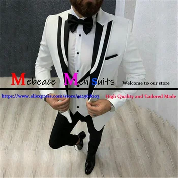 Изящный белый Комплект из 3 предметов, приталенные костюмы для мужчин, Свадебные смокинги, мужская модная куртка, жилет с брюками, черный костюм с отворотом Homme