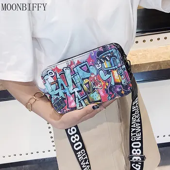 Индивидуальность, цветное граффити с надписью на широком ремешке, квадратная сумка, модные креативные студенческие сумки через плечо, женские сумки через плечо