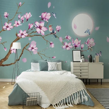Индивидуальный размер, цветы магнолии в китайском стиле, птицы, фотообои в лунном свете для спальни, декора гостиной, ТВ-фона, обоев 3D