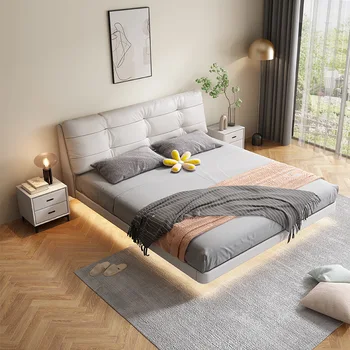 Итальянская минималистичная плавающая кровать в главной спальне, двуспальная кровать 1,8 м с легкой сеткой, воздушная мягкая кровать красного кремового цвета, кровать fairy leather