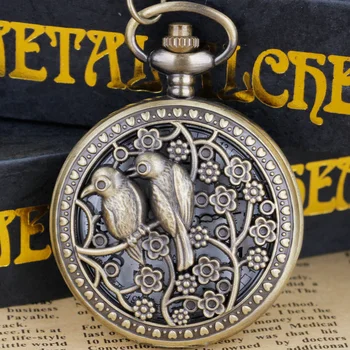 Кварцевые карманные часы с полой птицей с бронзовой гравировкой, ожерелье с часами, черные мужские часы-брелки с цепочкой, подарки