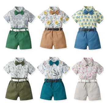 Комплекты одежды для мальчиков, летняя футболка-поло с цветочным принтом, Шорты с бабочкой, детская одежда для мальчиков, детская одежда, костюмы для мальчиков