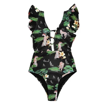 Консервативный Глубокий V-образный Леопардовый цветочный принт с зелеными листьями, Сексуальная Открытая спинка, Высокая талия, Сексуальные шорты для йоги, Хлопковый купальник