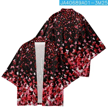 Красные черные мужские женские Кимоно с принтом Бабочки, японская одежда, кардиган, косплей, Юката, женская пляжная рубашка, блузка