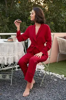 Красный однотонный женский пижамный комплект, Длинные брюки и халат, топ с поясом, пижамы, Женская повседневная пижама, домашняя одежда, костюм для отдыха