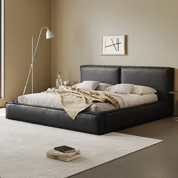 Кровать из натуральной кожи, черная мягкая кровать, главная спальня, высококачественная двуспальная кровать grand tofu block, итальянский минимализм 1,8 м и minimalis