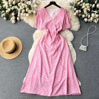 Летнее Французское шифоновое платье с цветочным поясом, длинная юбка для темпераментной девушки на чаепитии