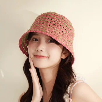 Летние полые тканые шляпы-ведра женские импортные газовые розовые с открытым лицом, маленькая корейская версия, дышащая солнцезащитная купольная кепка для бассейна
