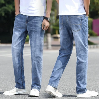 Летние тонкие джинсы, мужские свободные прямые штанины, широкие мужские длинные брюки, стрейч больших размеров, мужские брюки известного интернет-бренда