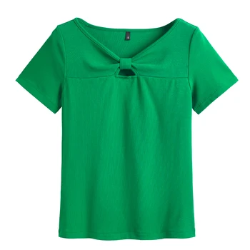 Летняя новинка 2023, милый топ с бантом на груди, облегающая хлопковая модная женская футболка с коротким рукавом и V-образным вырезом