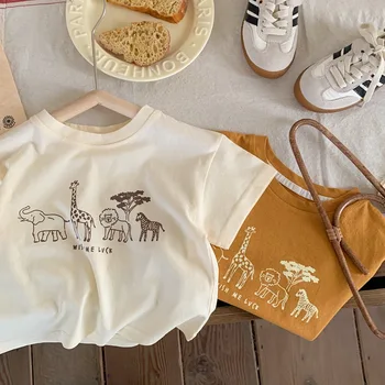 летняя футболка с коротким рукавом Animal zoo, топы 2023 года, Одежда для девочек и мальчиков, корейская детская одежда, бежевая весенне-летняя футболка