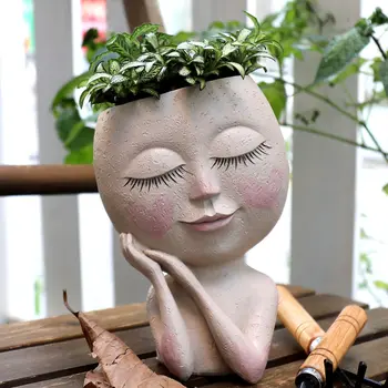 Лицо девушки, голова, Цветочное кашпо, Фигура с закрытыми глазами, Скульптура, Цветочный горшок из смолы со сливным отверстием, Мультяшная Кукла, Ваза