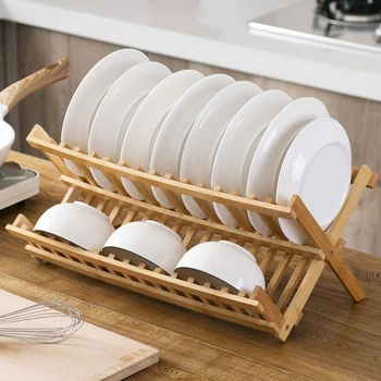 Лоток для хранения Бамбуковая двухслойная Подставка для чаш, Удобная подставка для слива, Многофункциональная подставка для сушки посуды, Кухонные принадлежности