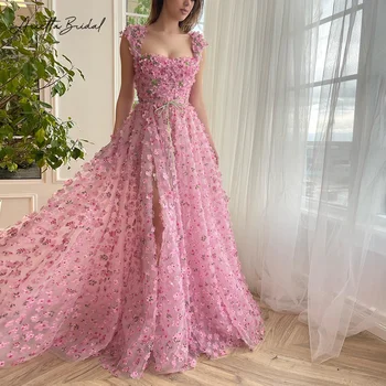 Макси-платья из розового тюля Arietta с цветочным рисунком, без рукавов, вырезанные лазером 3D цветы, Вечерние платья трапециевидной формы с высоким разрезом, вечерние платья для вечеринок, вечерние платья