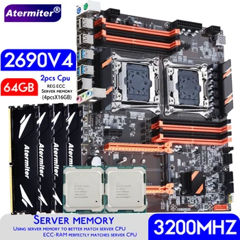 Материнская плата Atermiter Dual X99 С процессором 2011-3 XEON E5 2690 V4 *2 и Комбинированным Комплектом Серверной памяти 4шт X 16 ГБ = 64 ГБ DDR4 3200 МГц