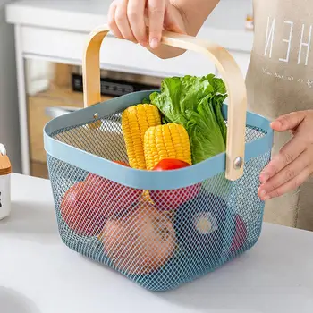 Металлическая корзина для хранения продуктов с деревянной ручкой Приспособление для Слива фруктов и овощей из кухни и ванной комнаты