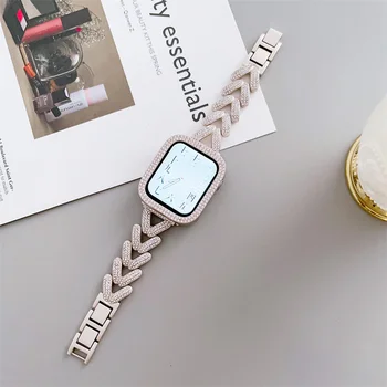 Металлический ремешок с бриллиантами + чехол для Apple Watch Ultra 8 7 6 5-полосный горный хрусталь 40 мм 44 мм iWatch 41 мм 45 мм 49 мм Браслет
