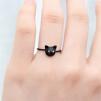 Милое кольцо с кристаллами в виде кошачьей головы черного цвета Для женщин, простой дизайн, Мини-круглые кошачьи кольца со стразами для глаз, вечерние свадебные украшения B160