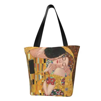 Многоразовая Хозяйственная Сумка The Kiss By Gustav Klimt, Женская Холщовая Сумка Через плечо, Моющаяся Художественная Роспись, Продуктовые Сумки Для покупок