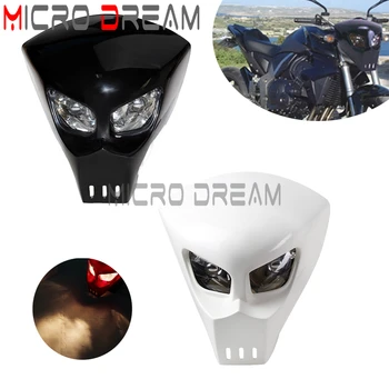 Мотоциклетная передняя фара с белым/черным черепом Streetfighter для Kawasaki Honda Yamaha YZ WR CBR 12 В 25 Вт, головной фонарь, маска, обтекатель
