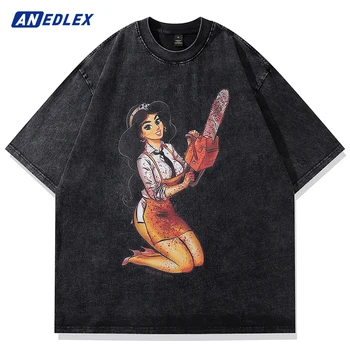 Мужская футболка в стиле хип-хоп, уличная одежда, футболка с изображением девушки-бензопилы, черная футболка с рисунком, хлопковая футболка с коротким рукавом, футболки оверсайз
