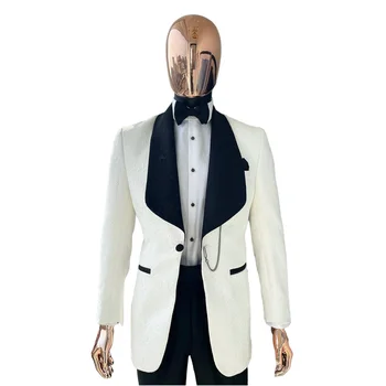Мужские костюмы, приталенный пиджак, 2 предмета/ Белый жаккардовый блейзер с черными брюками Для жениха, шафера, Комплекты официальной стильной одежды.