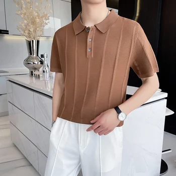 Мужские летние повседневные трикотажные рубашки поло с короткими рукавами / Мужская приталенная повседневная рубашка поло в полоску высокого качества, плюс размер 3XL
