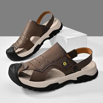 Мужские сандалии 2023, летние дышащие кожаные уличные пляжные туфли Baotou, нескользящие сандалии на мягкой подошве, повседневные сандалии и тапочки