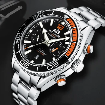 Мужские часы PAULAREIS из натуральной кожи, лидер продаж, Оранжевые Спортивные повседневные Автоматические механические наручные часы из нержавеющей стали, круглые часы с календарем