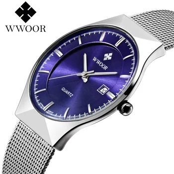 Мужские часы WWOOR, роскошные ультратонкие повседневные мужские часы, синие водонепроницаемые кварцевые часы с автоматической датой из нержавеющей стали, Модные мужские часы 2023 года.